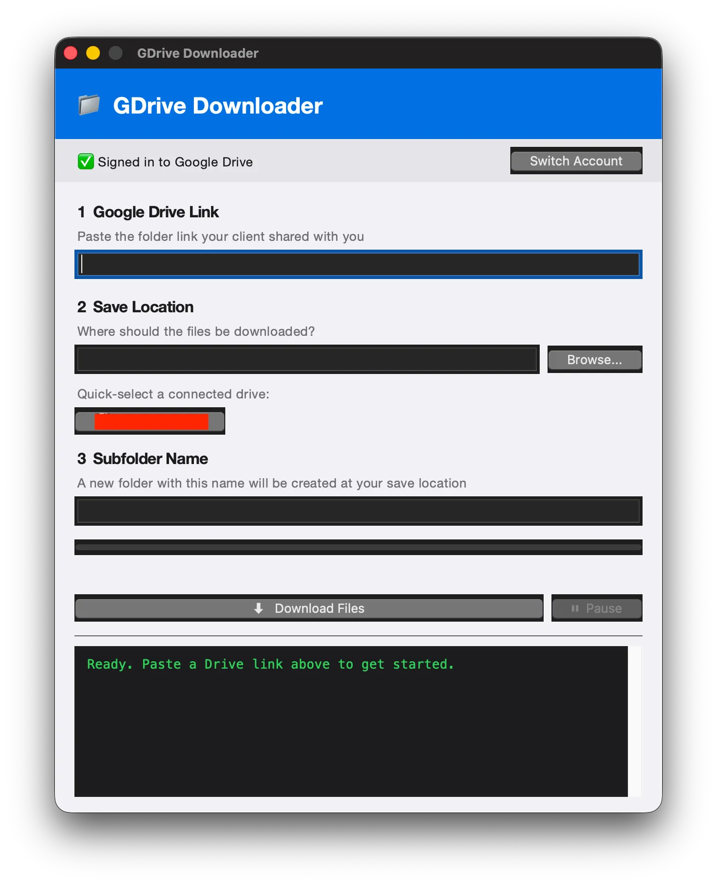 GDrive Downloader app interface